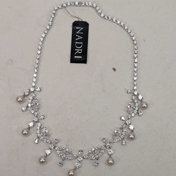 Nadri Jewelry - Nadri Cubic Zirconia Faux Pearl Drop Necklace Rhodium Plated NN463RWP Bridal NEW